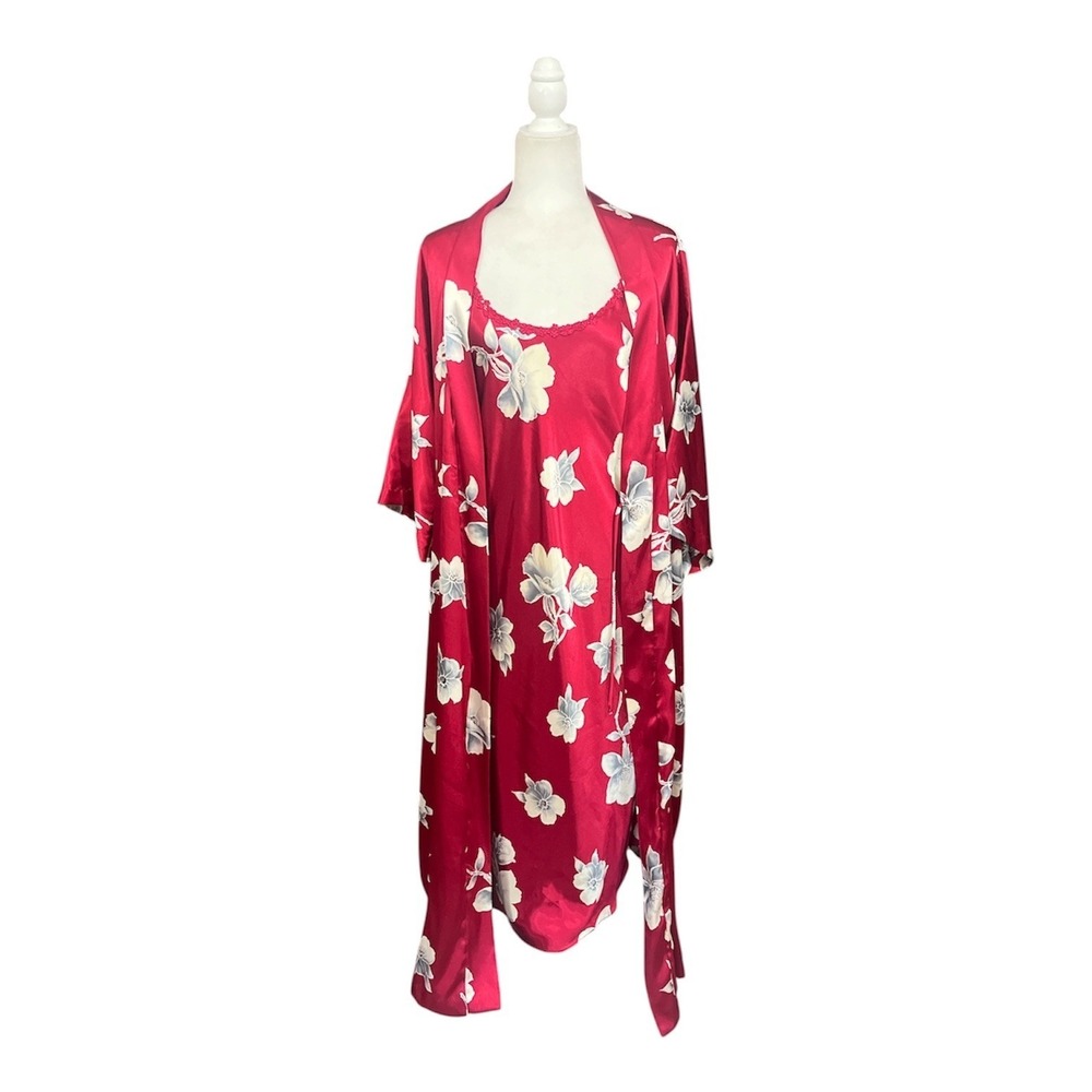 Vintage California Dynasty Robe Slip Set Women Small Red Floral Satin 2pc